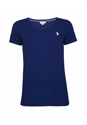 T-shirt bleu marine à manches courtes avec col en V, petit logo rose sur la poitrine gauche et étiquette U.S. Polo Assn. au col, taille moyenne.