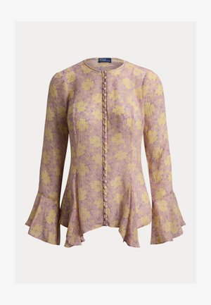 Gėlėta palaidinė rausvos ir geltonos spalvų su ilgomis varpelio formos rankovėmis, apvaliu iškirpimu ir sagomis priekyje, puošta tekstūruotu gėlių raštu.