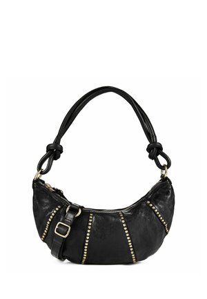 Schwarze, halbmondförmige Ledertasche mit goldenen Nieten, Reißverschluss, verstellbarem Seitenriemen und geknotetem Schulterriemen.