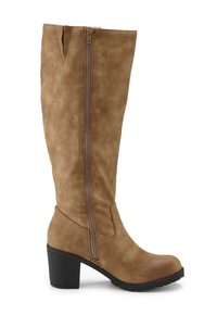 Brown suede knee-high boot with a side zipper, slightly high heel, and a distinct notch at the top. Textured finish and sturdy rubber sole.