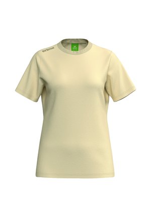 T-shirt unisexe beige à manches courtes avec col rond, logo « erima » sur l'épaule gauche, design uni, présenté sur fond blanc.
