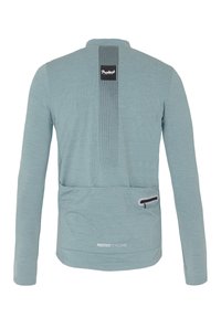 Maillot de cyclisme à manches longues en bleu clair, avec un tissage texturé, des plis arrière et une poche zippée avec un accent noir et un logo.