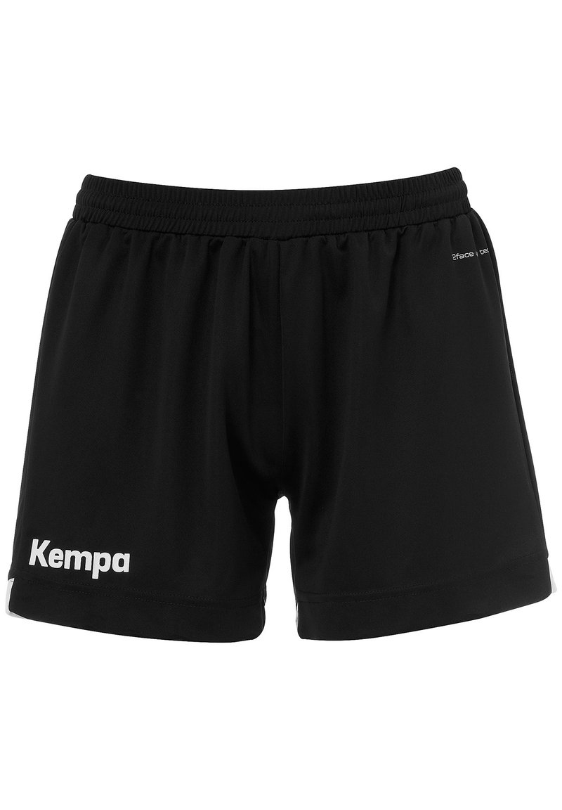 Sorte athletic shorts lavet af glat materiale, med en elastisk talje og et hvidt "Kempa" logo på venstre ben.