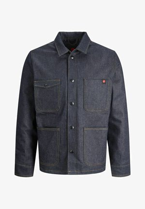 Granatowa kurtka dżinsowa z kontrastowymi pomarańczowymi szwami, z dwoma kieszeniami na piersi i dwiema kieszeniami po bokach. Zapięcie na napy.