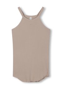 Lichtbeige geribde tanktop met dunne banden, ronde onderkant en subtiele stikseldetails bij de halslijn. Zachte, elastische stoftextuur.