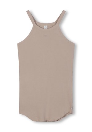 Lys beige ribbet tanktop med tynde stropper, afrundet kant og subtil syningdetalje ved halsudskæringen. Blødt, strækbart stof.