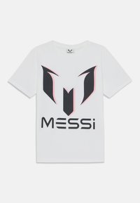 Valge puuvillane T-särk, millel on must ja roosa graafiline disain, styliseeritud "M" logo ja sõna "MESSI" rasvases kirjas.