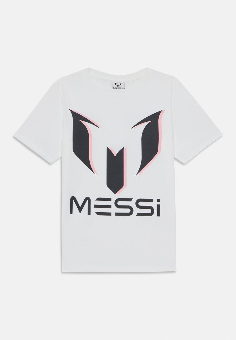 Weißes Baumwoll-T-Shirt mit einem schwarz-pinken grafischen Design, das ein stilisiertes "M"-Logo und das Wort "MESSI" in fetter Schrift zeigt.
