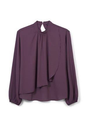 Blusa viola con colletto alto, dettaglio drappeggiato davanti e maniche lunghe. Realizzata in tessuto liscio con apertura a forma di chiave sul retro e chiusura con bottone.