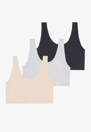 Ensemble de trois soutiens-gorge sans fil en beige, gris et noir. Tissu doux et extensible avec de larges bretelles et un design lisse et sans couture.