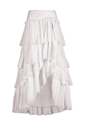 Weißer Rock mit hoher Taille, geschichteten, asymmetrischen Rüschen und einem fließenden, gestuften Design, das bis zur Mitte der Wade reicht.