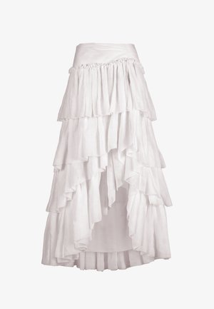 Weißer Rock mit hoher Taille, geschichteten, asymmetrischen Rüschen und einem fließenden, gestuften Design, das bis zur Mitte der Wade reicht.