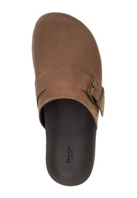 Brown suede slide sandal with an adjustable buckle strap, open toe design, smooth black insole, and embossed "Dune LONDON" logo.