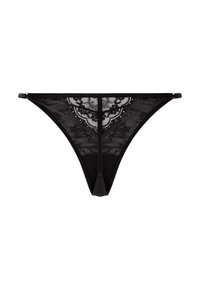 Zwarte kanten string met bloemenpatroon, dunne bandjes en een gestructureerd ontwerp. Heeft een V-vormige taille en een kwastje accent aan de achterkant.