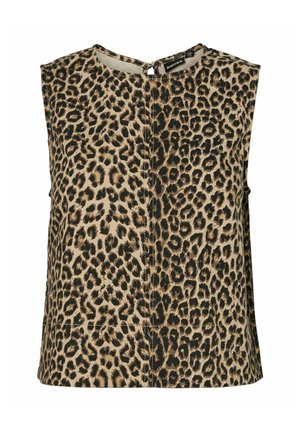 Top sin mangas de tela beige con estampado de leopardo negro. Presenta un escote redondo y un cierre en forma de llave en la parte posterior. Diseño sencillo.