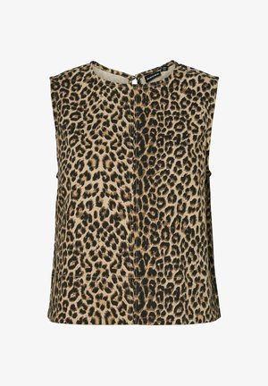 Beesärgusti beežist kangast musta leopardimustriga. Omab ümmargust kaelust ja lukuga ava seljal. Lihtne disain.