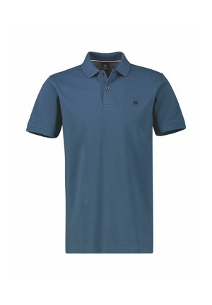 Herren-Polohemd aus dunkelblauer Baumwolle, mit klassischem Kragen, kurzen Ärmeln und einem dezenten gestickten Logo auf der Brust. Zwei-Knopf-Leiste.