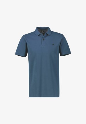Men's polo shirt in dark blue cotton, featuring a classic collar, short sleeves, and a subtle embroidered logo on the chest. Two-button placket.