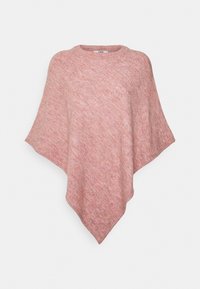 Poncho rose en tricot avec une forme triangulaire et un design sans coutures. Texture douce et variations subtiles de couleur créant un effet chiné.