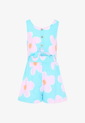 Combinaison sans manches bleue ornée de grandes imprimés floraux rose et orange, avec trois boutons sur le devant et une ceinture nouée à la taille.