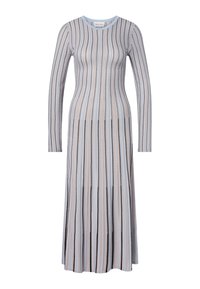 Sukienka z długim rękawem, wykonana z prążkowanego dzianiny, z pionowymi paskami w kolorze jasnoniebieskim, beżowym i czarnym. Okrągły dekolt, dopasowany gorset i rozkloszowana spódnica.