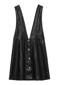 Vestido de cuero sintético negro con un profundo escote en V, cinco cierres de botones en tono dorado y un diseño de falda acampanada. Textura suave y forma ajustada.