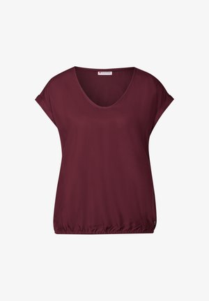 Bordeaux kortærmet top med bred udskæring, elastisk kant og glat tekstur; har et hængende mærke indeni halsen.