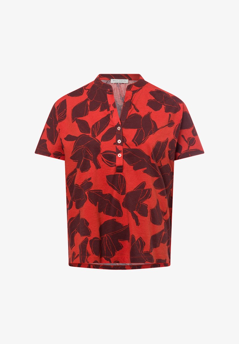 Rotes Kurzarmhemd mit einem schwarzen Blattmuster, einem Henley-Ausschnitt mit Knöpfen und einer leicht lockeren Passform. Weicher Stoff.