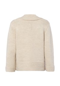Cremefarbener Strickcardigan mit geripptem Kragen, lockerer Passform und strukturiertem Muster. Keine sichtbaren Verschlüsse oder Taschen.