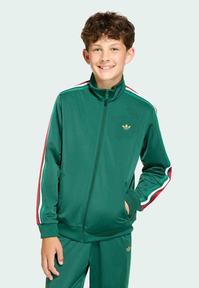 Zelená sportovní bunda na zip, s kontrastními červenými a bílými pruhy na rukávech a zlatým logem na hrudi. Hladká textura a sportovní design.