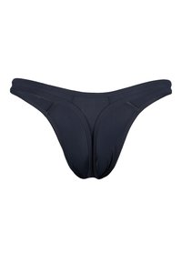 marineblaue Bikini-Hose aus dehnbarem Material, mit niedrigem Schnitt und nahtlosen Kanten. Besitzt ein gerafftes Frontdetail für Struktur.