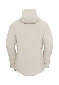 Giacca beige chiaro con cappuccio, realizzata in tessuto morbido. Presenta un orlo arrotondato, maniche lunghe e zip laterali per la ventilazione.