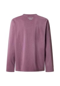 Long-sleeve shirt in muted purple cotton. Features a crew neck, straight hem, and a small graphic printed on the back near the neckline.