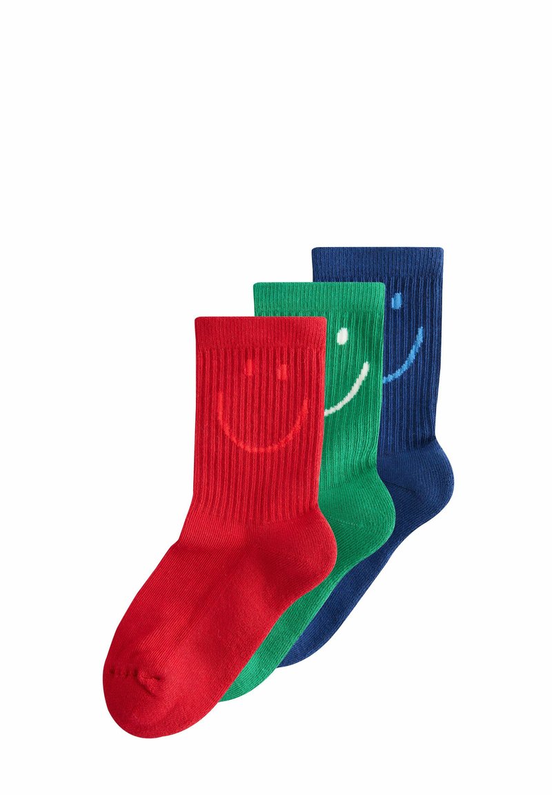 Drei Paar gerippte Socken in Rot, Grün und Blau, jeweils mit einem Smiley-Gesicht in kontrastreichen Farben.
