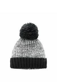 Berretto lavorato a maglia in grigio e nero, con un spesso risvolto a coste nere e un pompon nero sulla parte superiore. Texture morbida con un motivo misto.