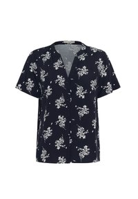 Short-sleeve button-up shirt in navy fabric with white floral pattern, featuring a v-neckline and relaxed fit, designed for comfort.