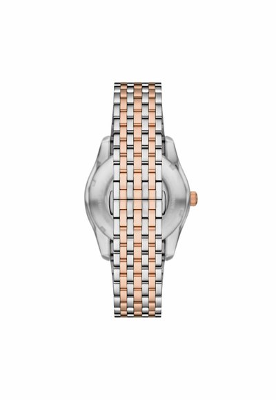 RVS horloge met een twee-laags mesh armband, afwisselend zilveren en roségouden schakels, ronde kast, kleine kroon aan de zijkant.