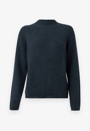 Maglione a coste di un blu scuro, con maniche lunghe, scollatura rotonda e un design a maglia testurizzata. Presenta una vestibilità comoda e senza dettagli in evidenza.