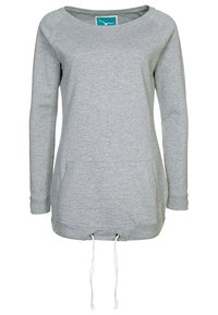 Sudadera con capucha de manga larga gris, hecha de tela suave, con un diseño holgado, bolsillo frontal y dobladillo ajustable con cordón.