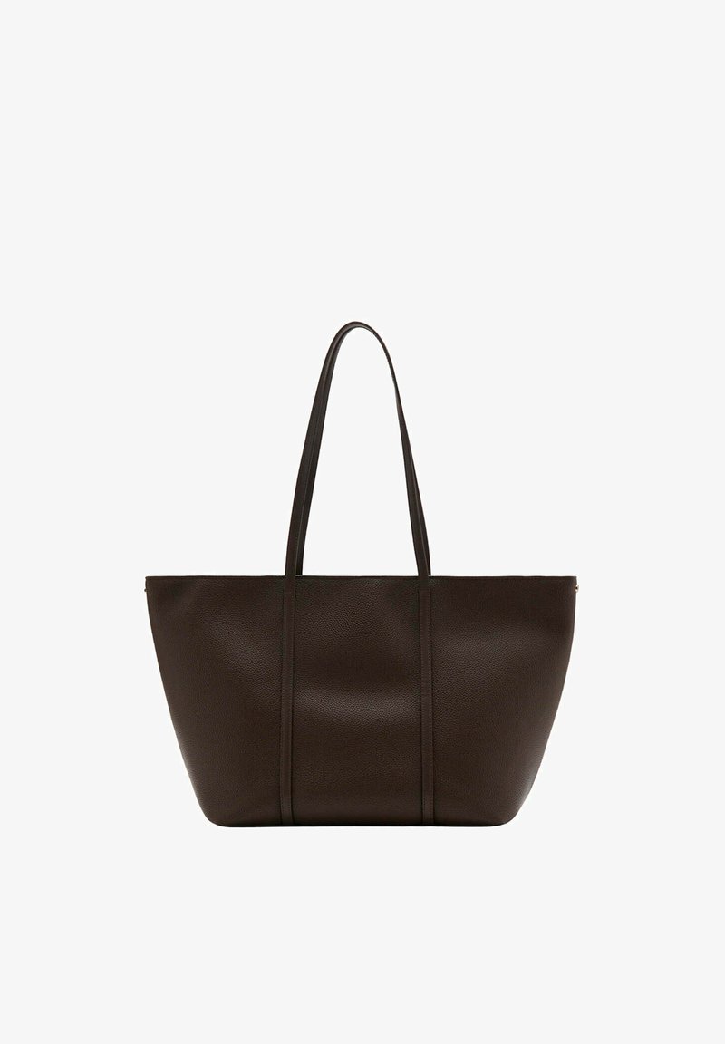 Grand sac cabas en cuir marron foncé avec deux longues anses, design simple, texture lisse et sans logo ou ornement visible.