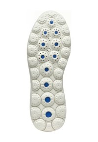 Weiße Schuhsohle mit kreisförmigen Mustern und blauen Akzenten. Strukturiert mit Belüftungsöffnungen für Atmungsaktivität. "Geox"-Markierung vorhanden.