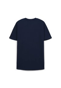 T-shirt blu navy a maniche corte mostrato da dietro, con scollatura a girocollo e un design semplice, a tinta unita.