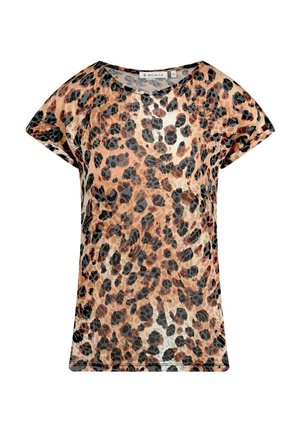 Leopardenmuster Kurzarm-Oberteil mit lockerer Passform, runder Ausschnitt und einer Mischung aus Beige-, Braun- und Schwarztönen aus einem leichten Material.