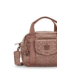 Sac en velours côtelé brun avec doubles poignées, fermeture éclair, poche avant, tissu texturé et porte-clés en forme de singe amusant. Taille : compact et portable.