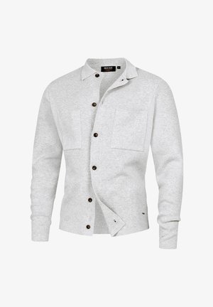 Light grey button-up shirt in soft fabric with two chest pockets, brown buttons, and a collar; slight asymmetrical front hem.