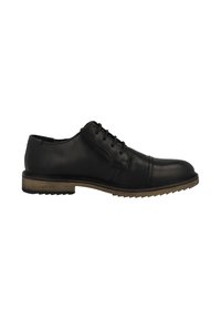 Chaussure noire en cuir à lacets, avec un bout arrondi, une finition texturée et une semelle en caoutchouc marron contrastante avec un motif de crampons.