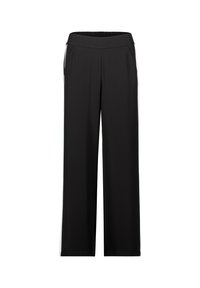 Schwarze weit geschnittene Hose aus glattem Stoff. Mit elastischem Bund und Seitentaschen, mit kontrastierenden weißen Streifen entlang der Seiten.