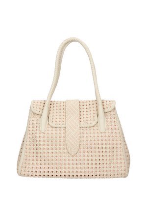 Vävd handväska i mjuk rosa, med ett flätat handtag och klaff, samt en slät läskläpp och strukturerad mönster på kroppen.