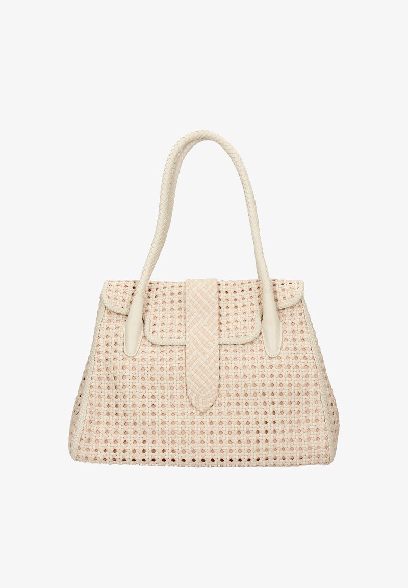 Vævet taske i blød pink, med et flettet håndtag og klap, samt en glat lærs lukning og et struktureret mønster på kroppen.