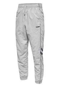 Lichtgrijze sportbroek gemaakt van lichtgewicht materiaal, met een trekkoord in de taille, taps toelopende pijpen en donkergrijze zijstrepen met een chevronpatroon.